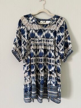 Umgee Navy Blue, Mustard & Cream Aztec Print V-Neck Tunic Babydoll Dress Small